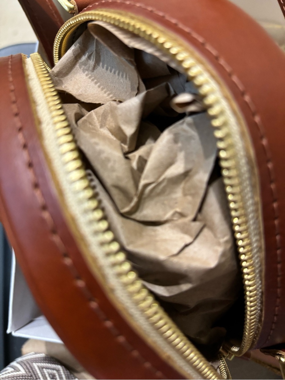 Portland Leather Brown circle Crossbody Bag with Gold Hardware
